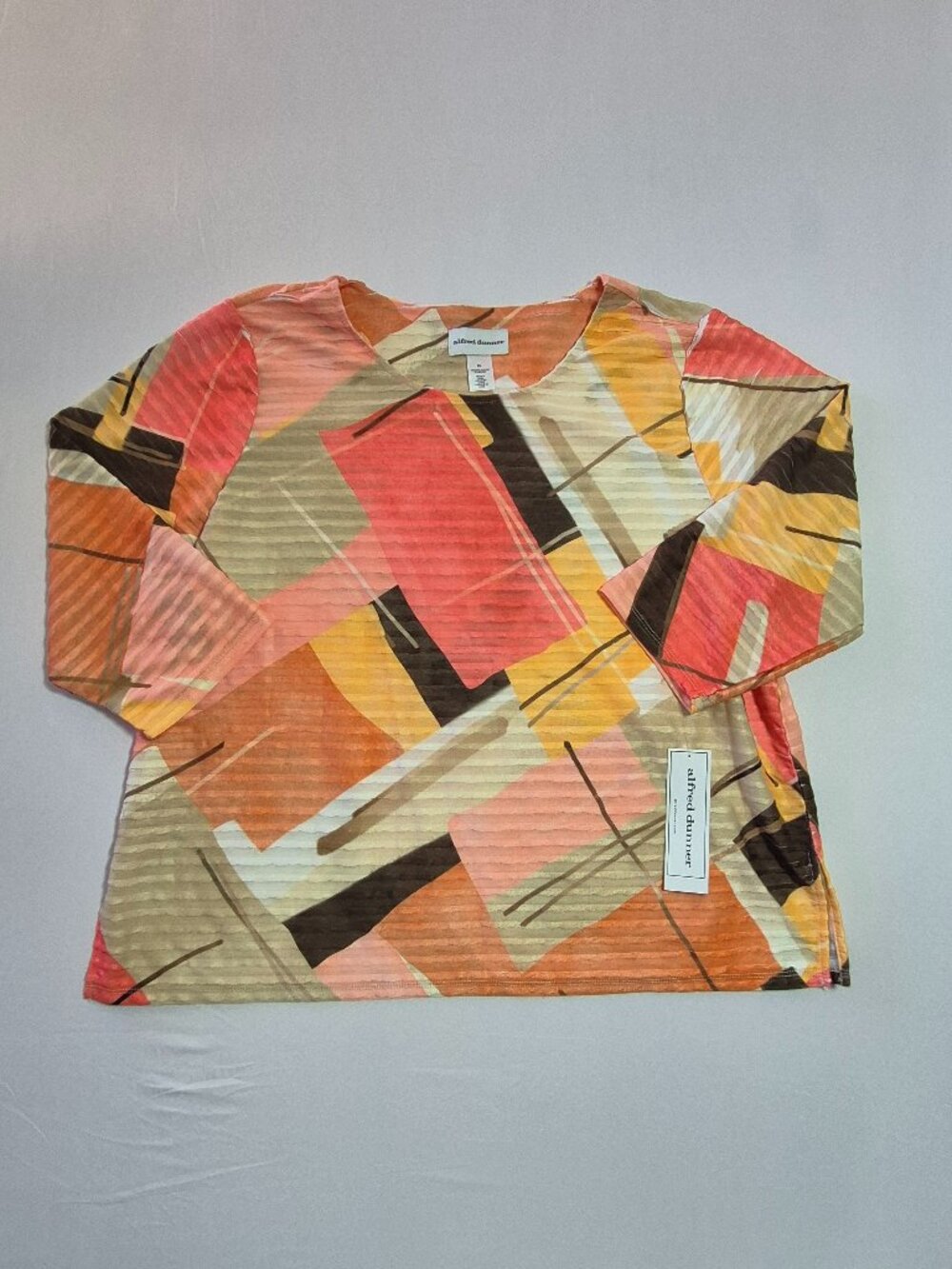 NWT Alfred Dunner Womens Top Orange Peach Abstract Geometric 3/4 Sleeve Size XL